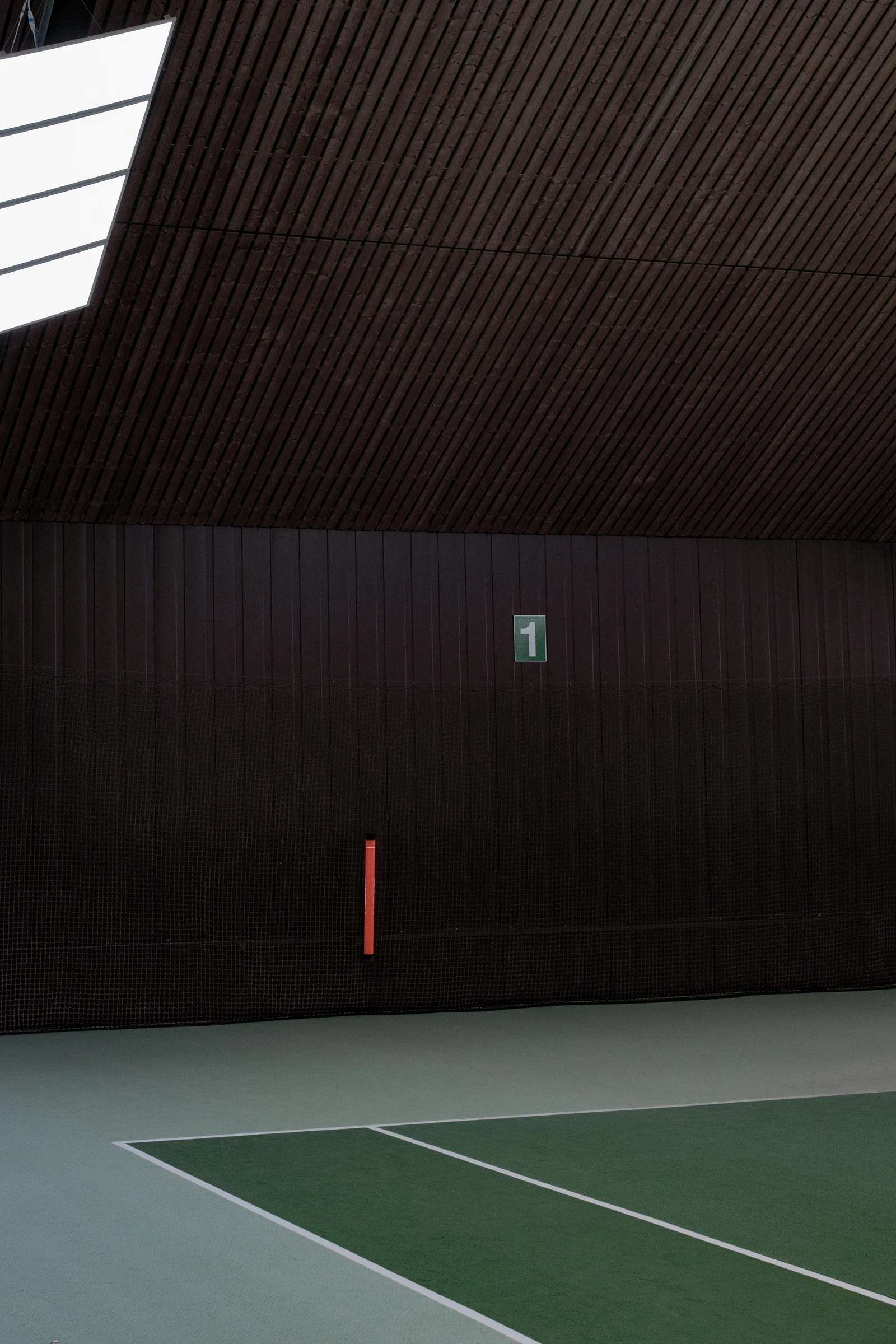 Indoor sports court with dark wooden ceiling, green floor markings, and a red vertical marker on the far wall
