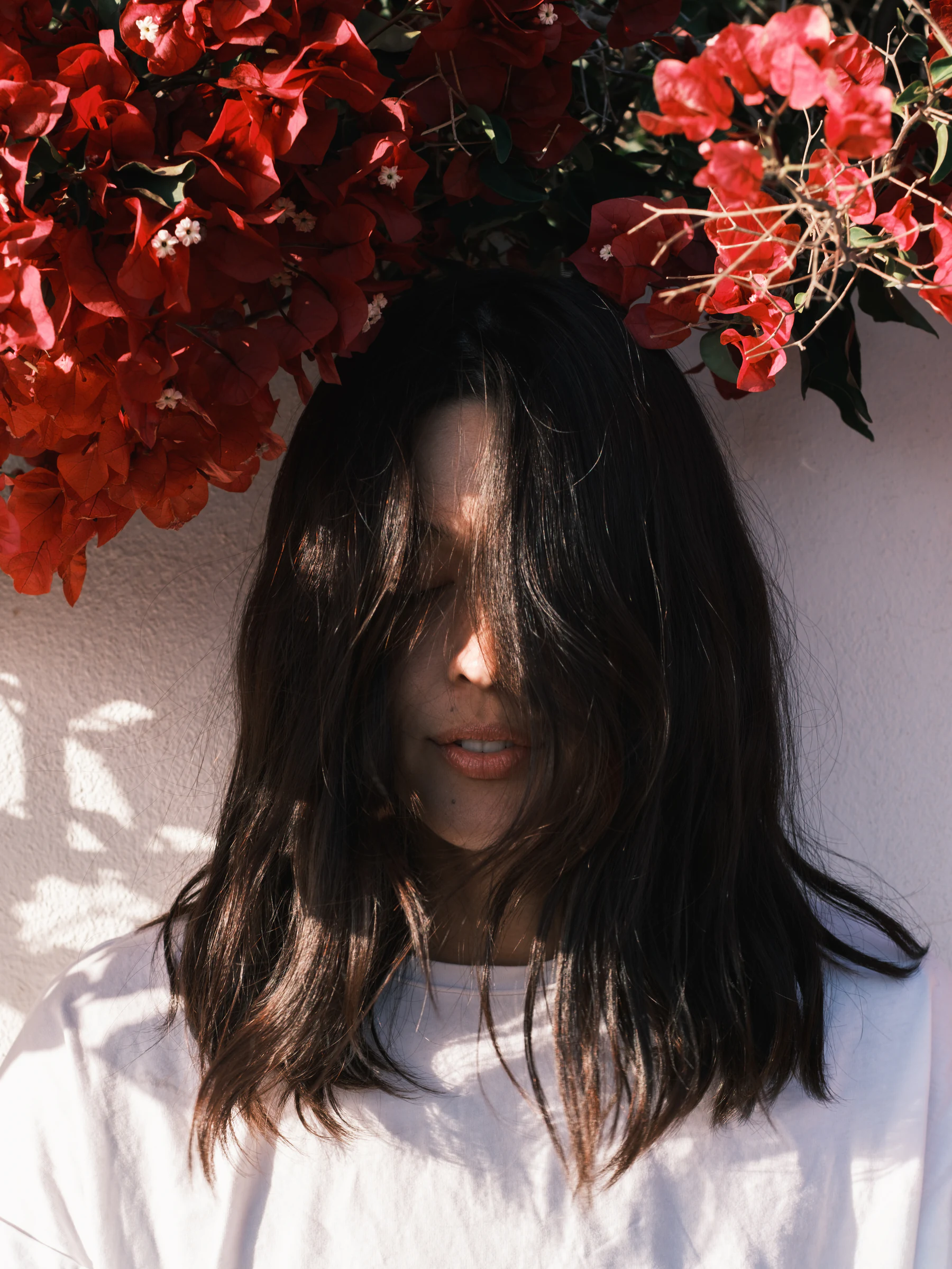 Portrait of a woman partly hidden by red flowers and shadowed hair